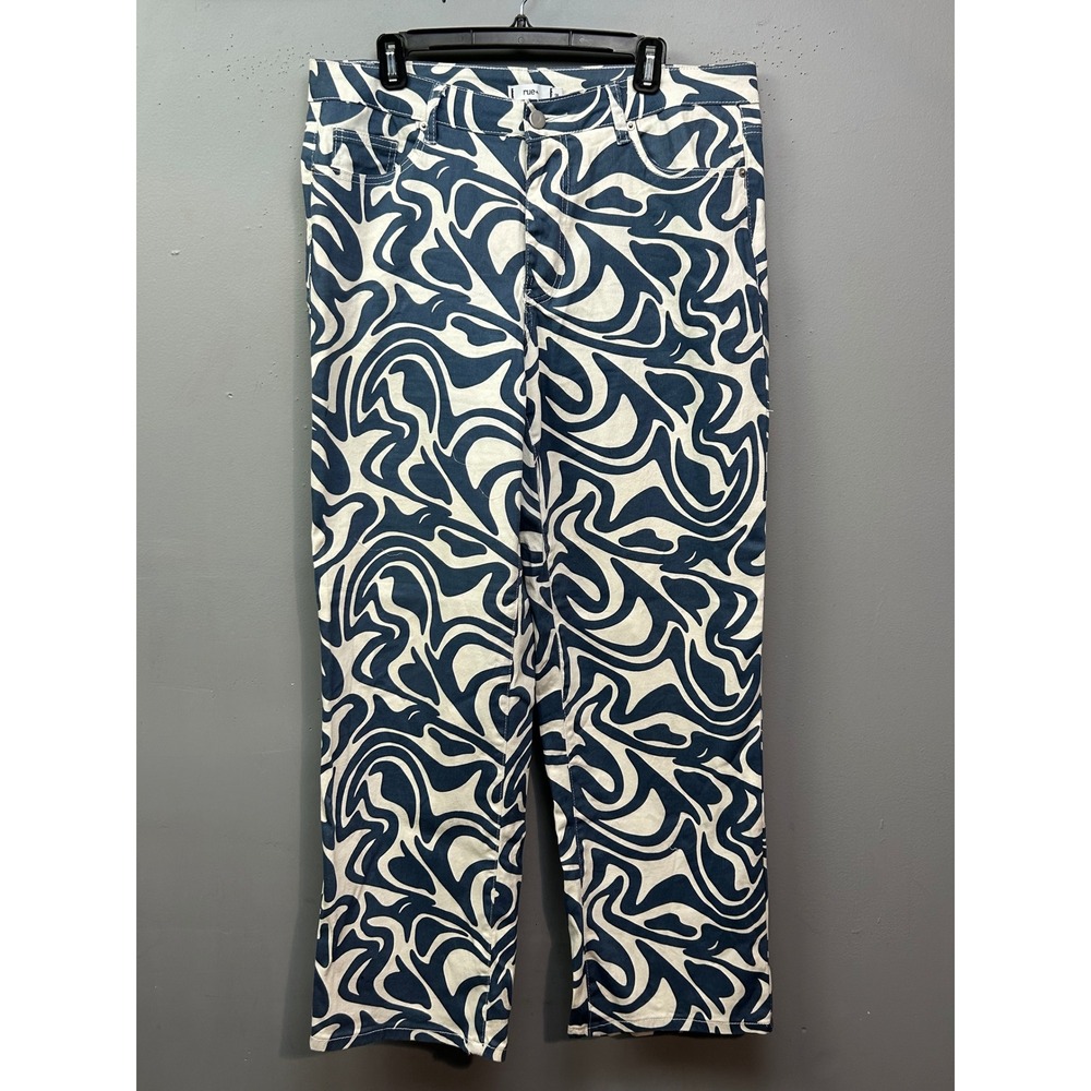 Rue+ Pants Womens 1X Blue White Swirl Psychedelic Print High Rise Straight Leg